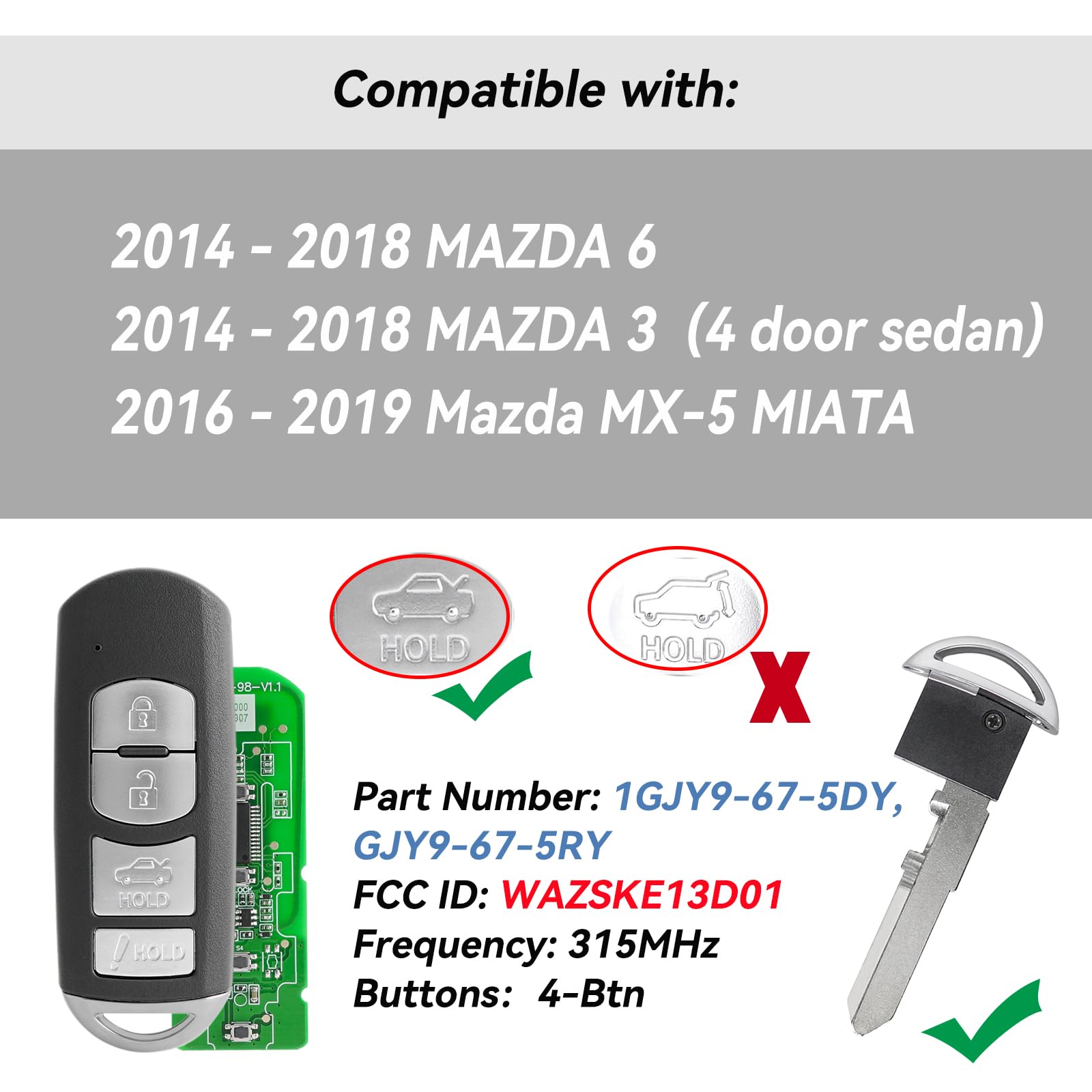 Remote Key Shell For Mazda 6, 3, MX-5 Miata, CX-5, CX-9 - Black Replacement Case