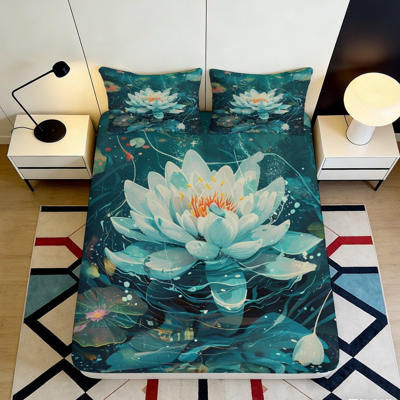 3D Printed Blue Lotus Fitted Sheet Microfiber Soft Breathable Water Lily Bed Cover for Bedroom Dormitory Guest Room Mattress Protection Decor 120x200x25cm