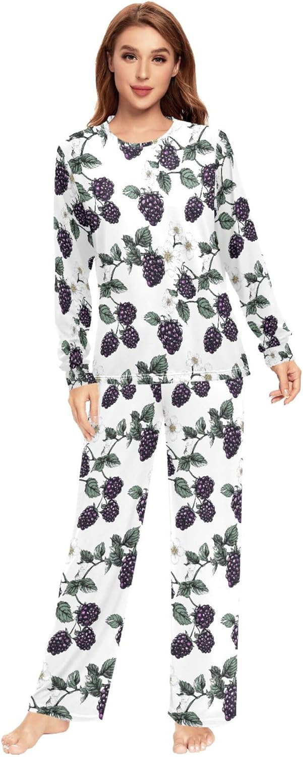 Beauty Blackberries Fruit White Pajama Sets for Women 2 Piece Cozy Men Sleep Pants Nightgowns