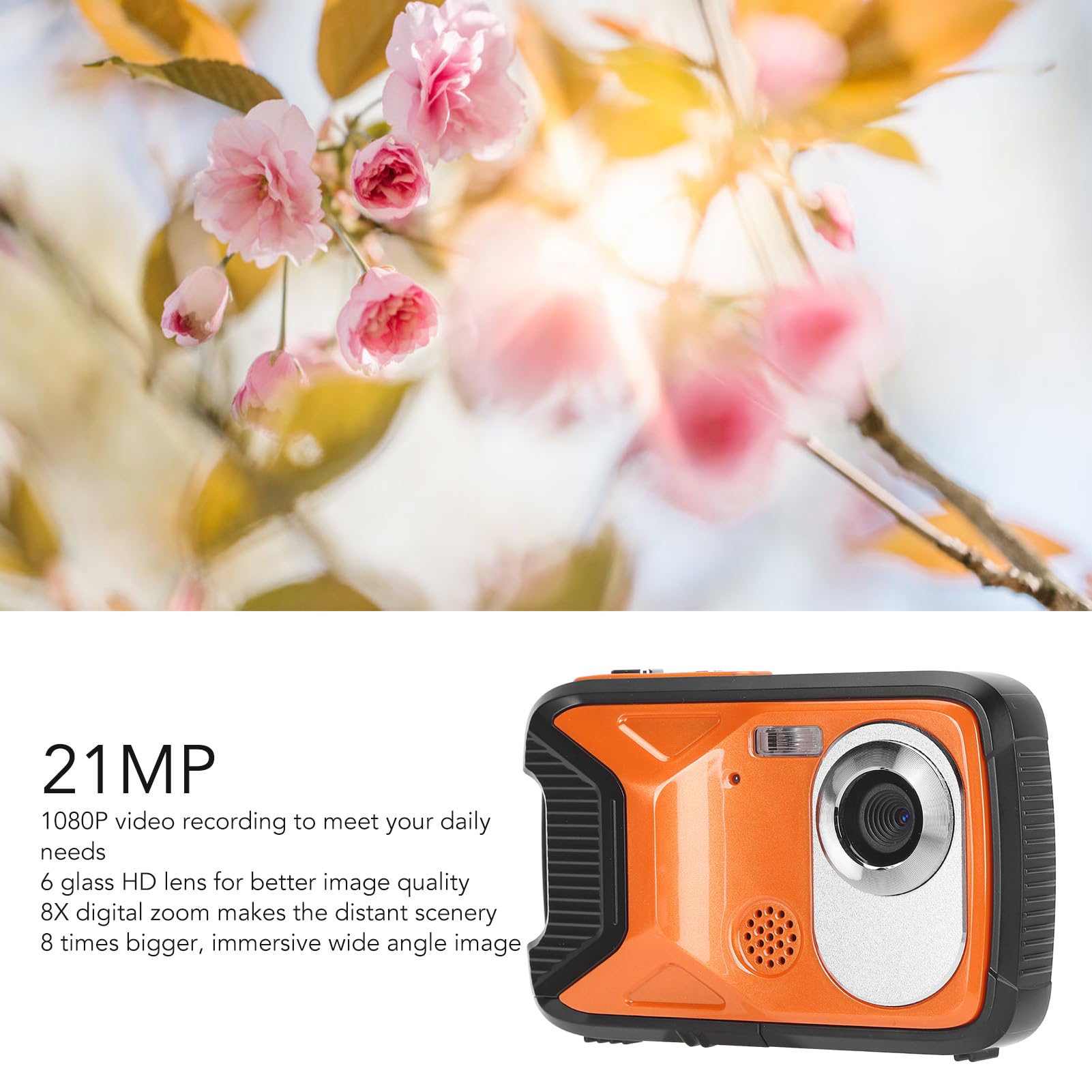 XHTLLO Underwater Camera, 2.8 Inch TFT HD Screen 21MP 1080P Face Detection Panoramic Shot Shakeproof 16.4ft Waterproof Digital Camera(Orange)