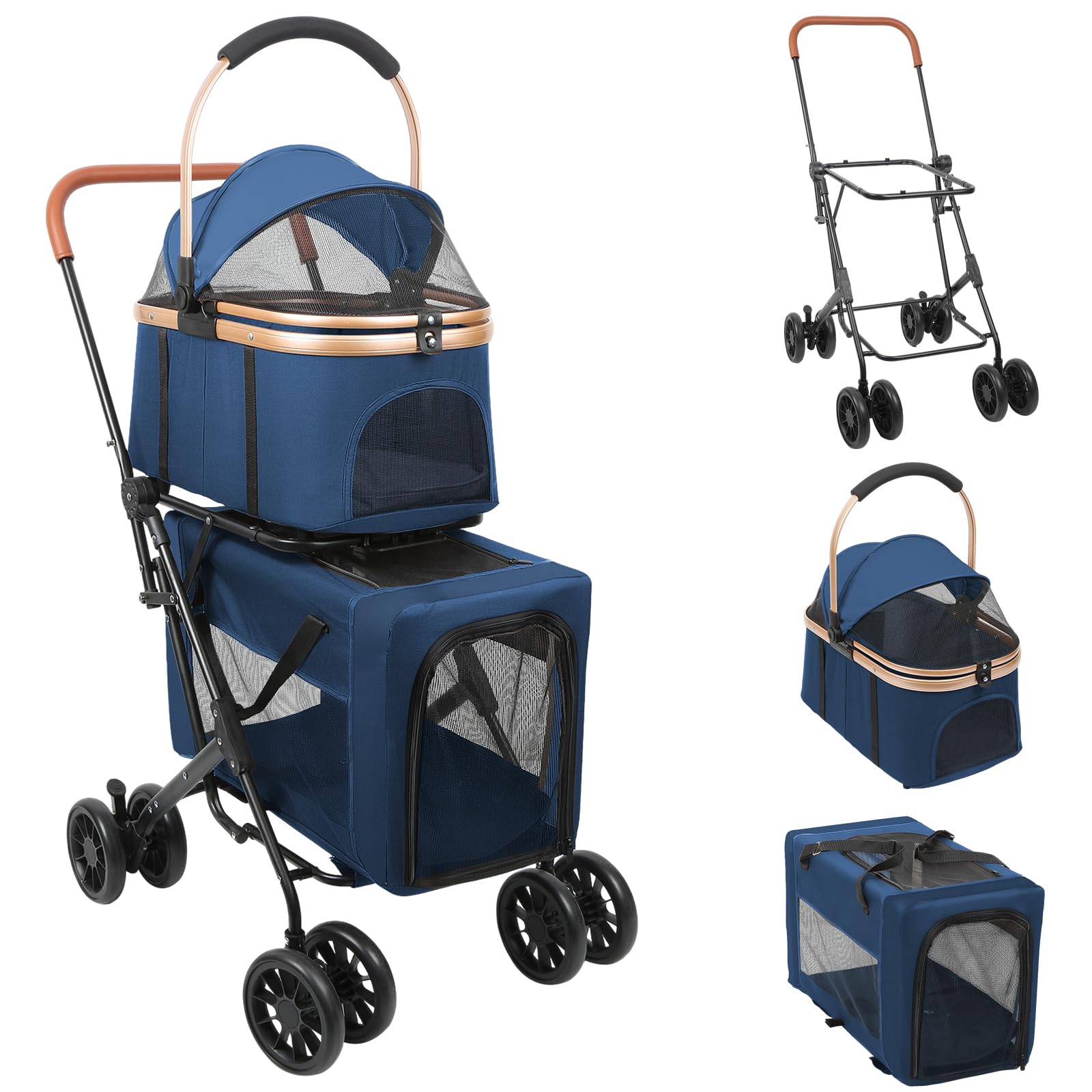 Homewell 2 in 1 Hundewagen, Hundebuggy, Doppelstöckiger Haustierbuggy, Kinderwagen für Katzen/kleine Hunde, Jogger Buggy für Haustiere mit Netzfenstern, Bis 40kg (Blau)