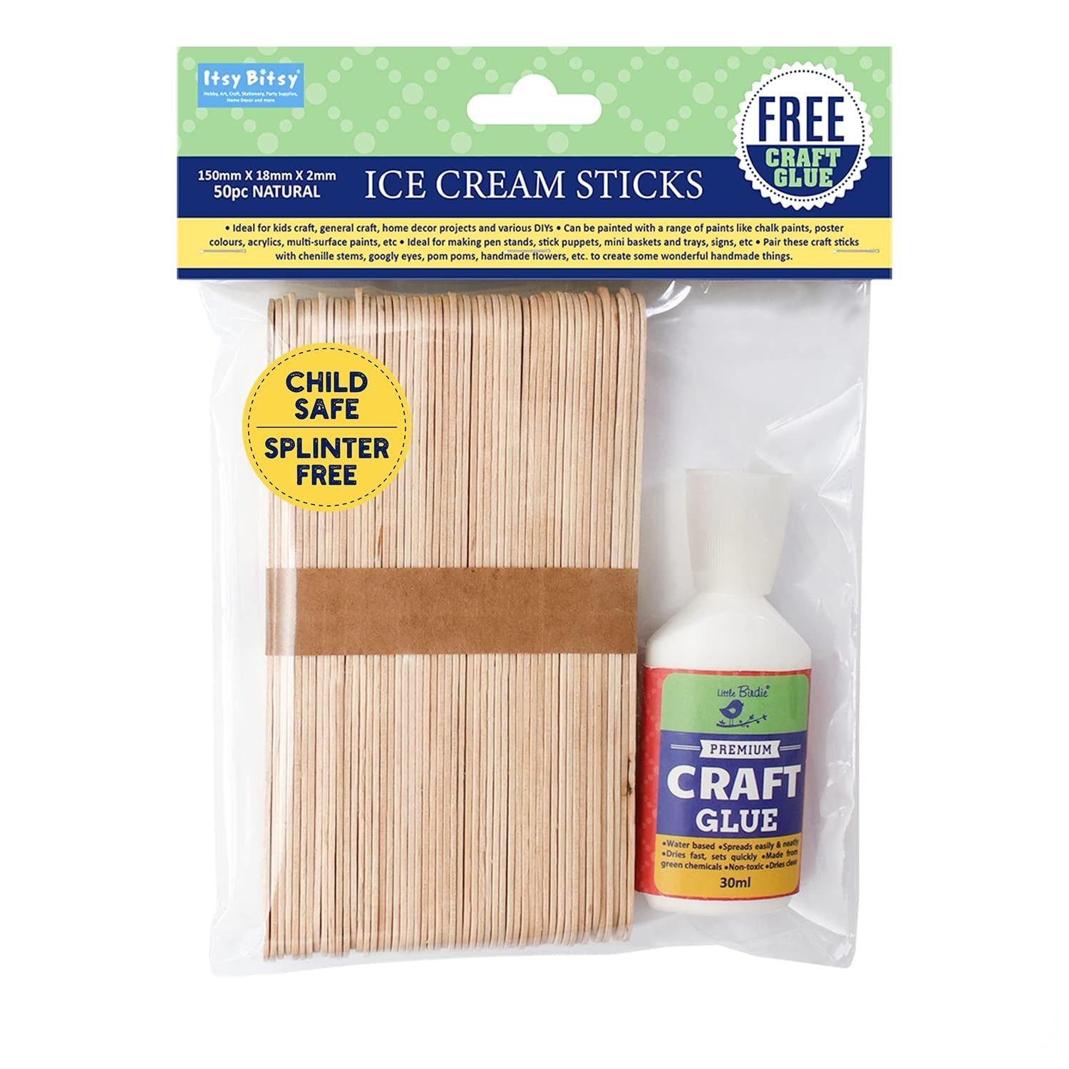 Little Birdie Itsy Bitsy Wooden Ice Cream Sticks for Craft 50 pcs with