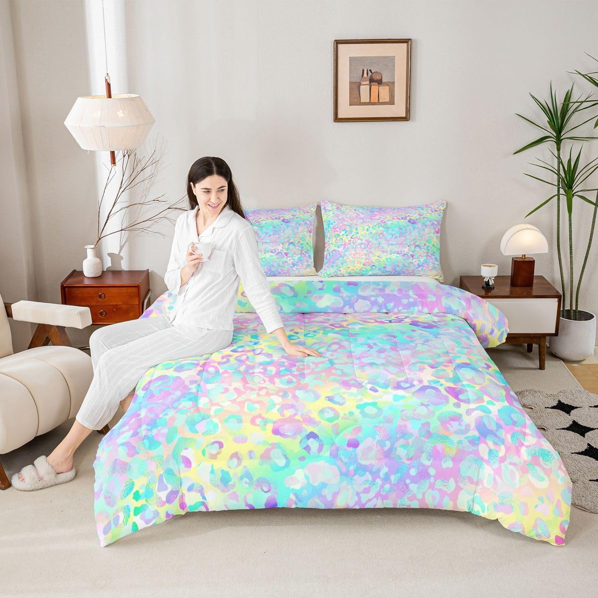 Women Leopard Printed Comforter Set , Cheetah Printed Bedding Set for Kids Girls Boys Queen Size , Modern Colorful Leopard Rainbow Bedroom Room Decor Lightweight Soft Bedding Quilt with 2 Pillowcases