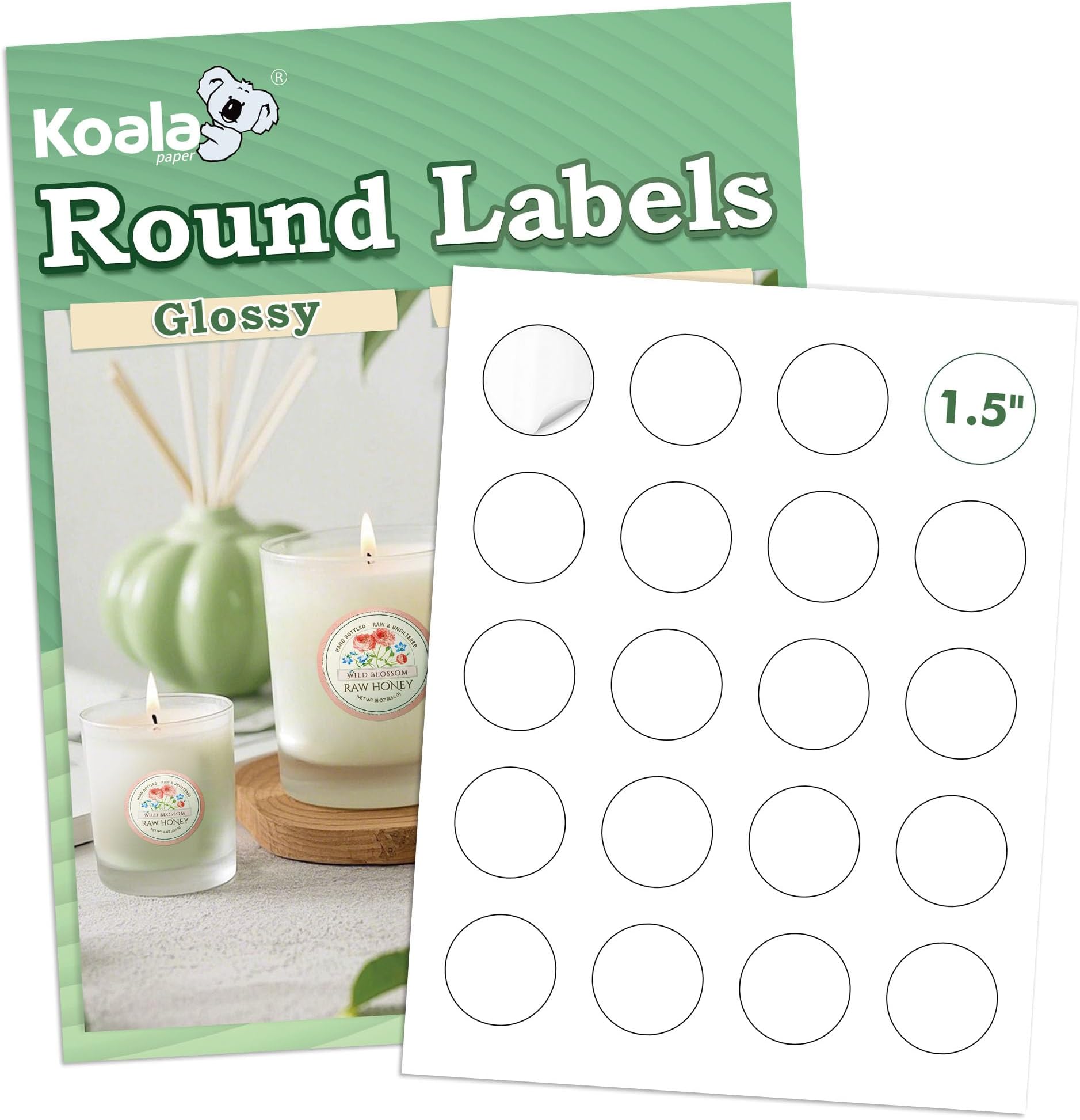 Koala Round Labels 1.5 Inch, Glossy White Printable Circle Stickers for Inkjet and Laser Printer, 500 Labels for Jars, Party Favor Decors, DIY Thank You Stickers