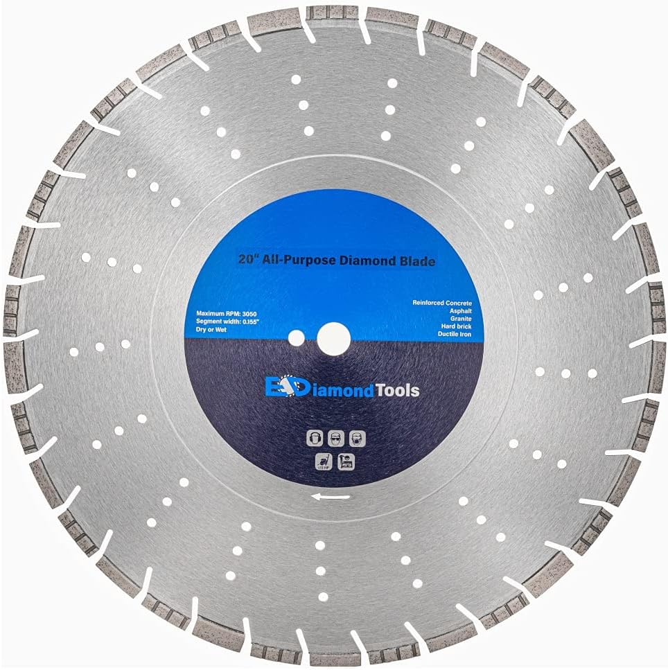 20" All Purpose Diamond Saw Blades for Hard/Reinforced Concrete, Asphalt, Granite, Terrazzo, Ductile Iron Piping, 7-5/8" Cutting Depth, 1" Arbor