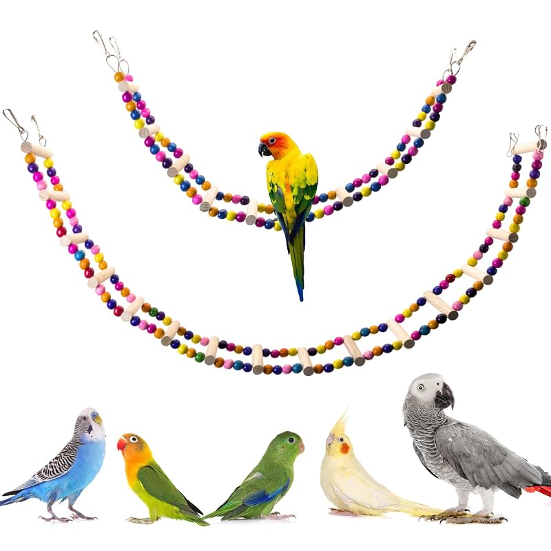 Escada para aves em madeira com contas coloridas PINVNBY, 10 e 18 degraus, Pacote com 2