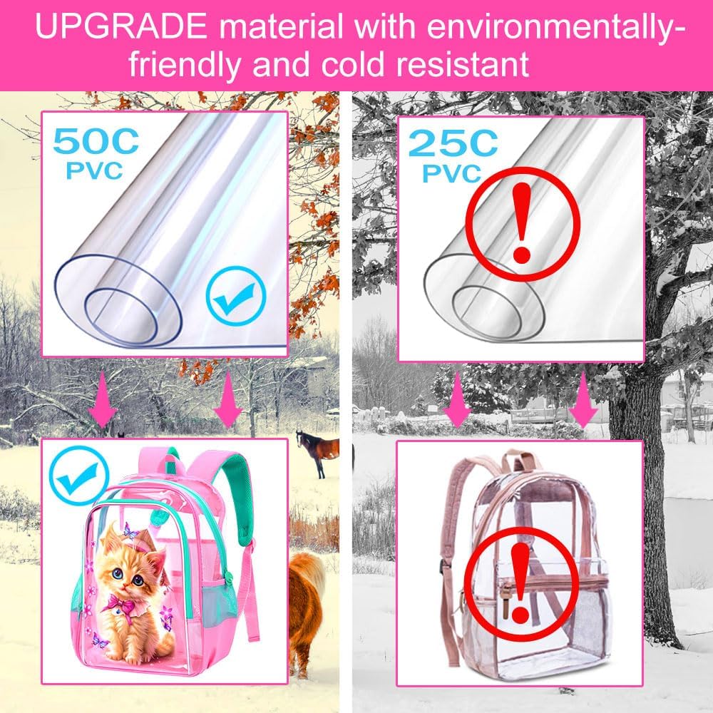 Clear Backpack for Girls and Boys, Kids Transparent Bookbag, 3PCS Cute See Through School Bag for Elementary Prechool
