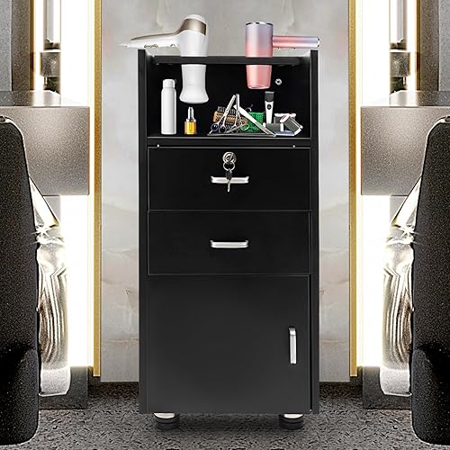 Miniatura 5 de LOHISHILO Gabinete de almacenamiento de 5 capas para estaciones de peluquería con cajón y ruedas, 2 soportes para secador de pelo, para estilista,