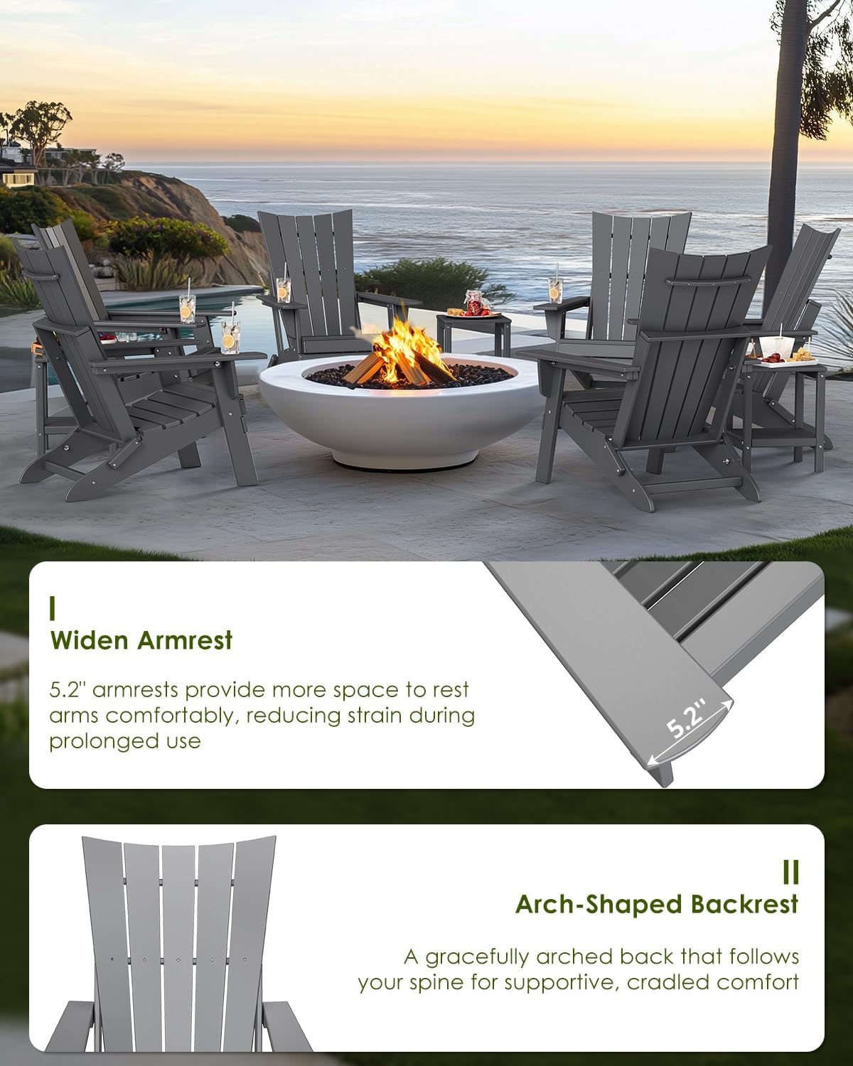 GREENVINES Folding-Adirondack-Chairs-Set-of-2 | HDPE Plastic | Arch Series | Fire Pit Chair | with Connecting Tray | Removable Table | All Weather | for Outdoor Patio Deck Poolside | Grey