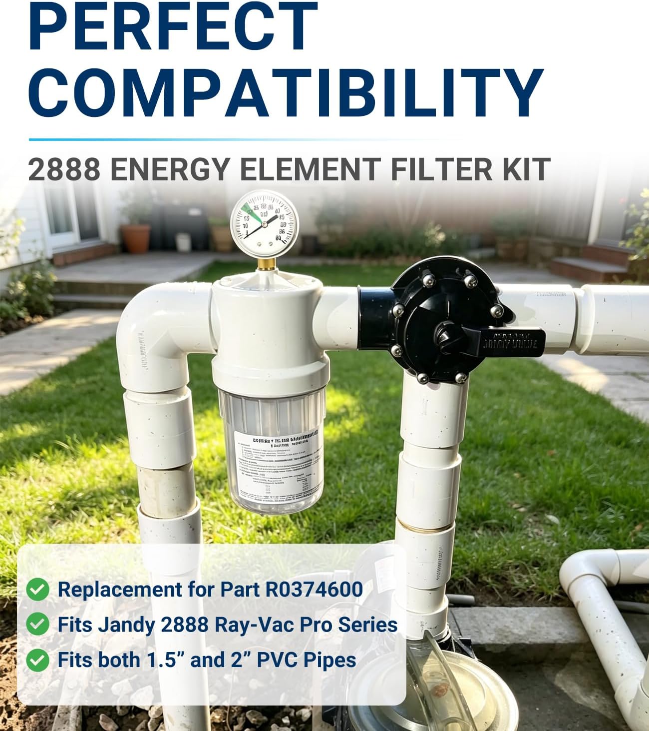 2888 Energy Element Filter Kit with Pressure Gauge, Compatible with Jandy Ray-Vac Pro Series (1 1/2" or 2"), Replacement for R0374600 Swimming Pool and Spa Filter Assembly