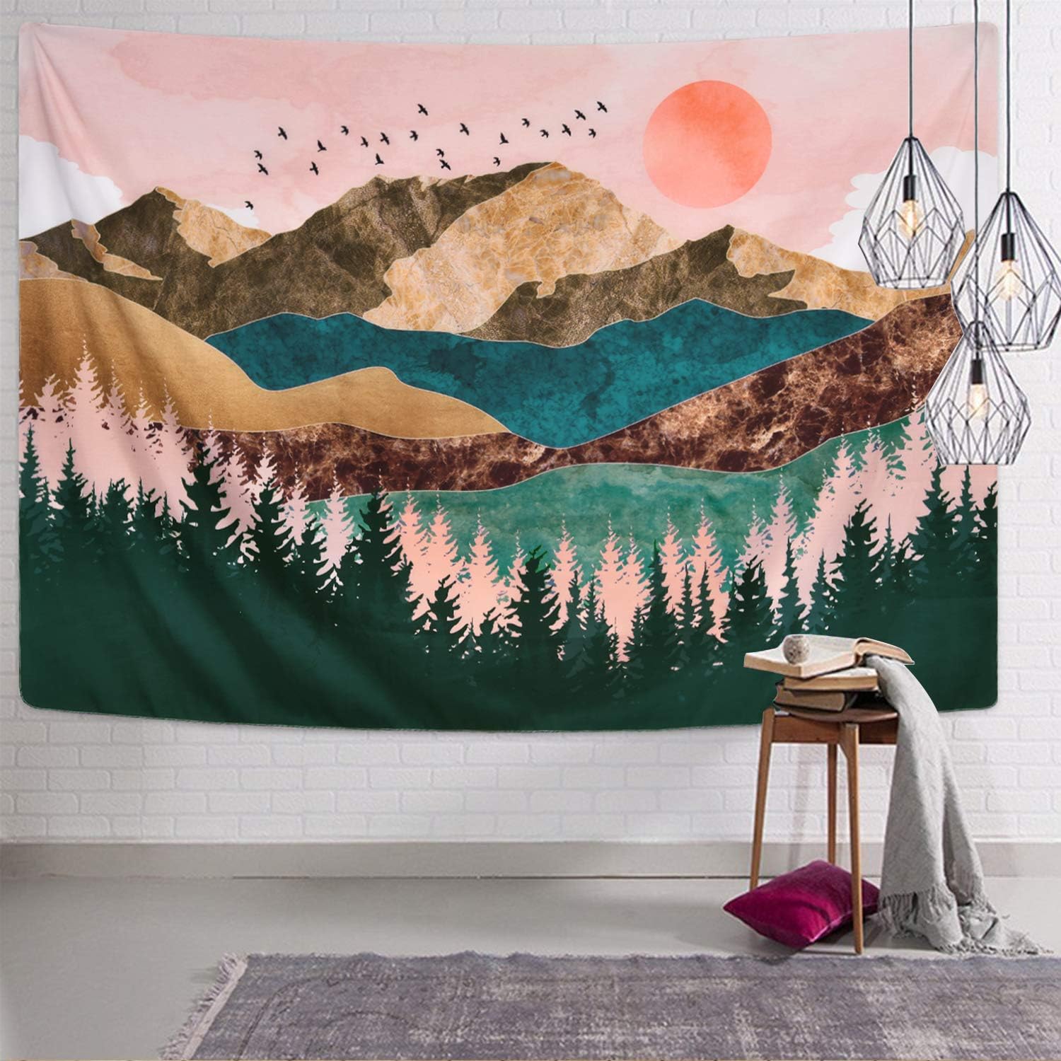 Krelymics Mountain Tapestry Forest Tree Tapestry Sunset Tapestry Nature Landscape Tapestry Wall Hanging for Room(59.1 x 59.1 inches)