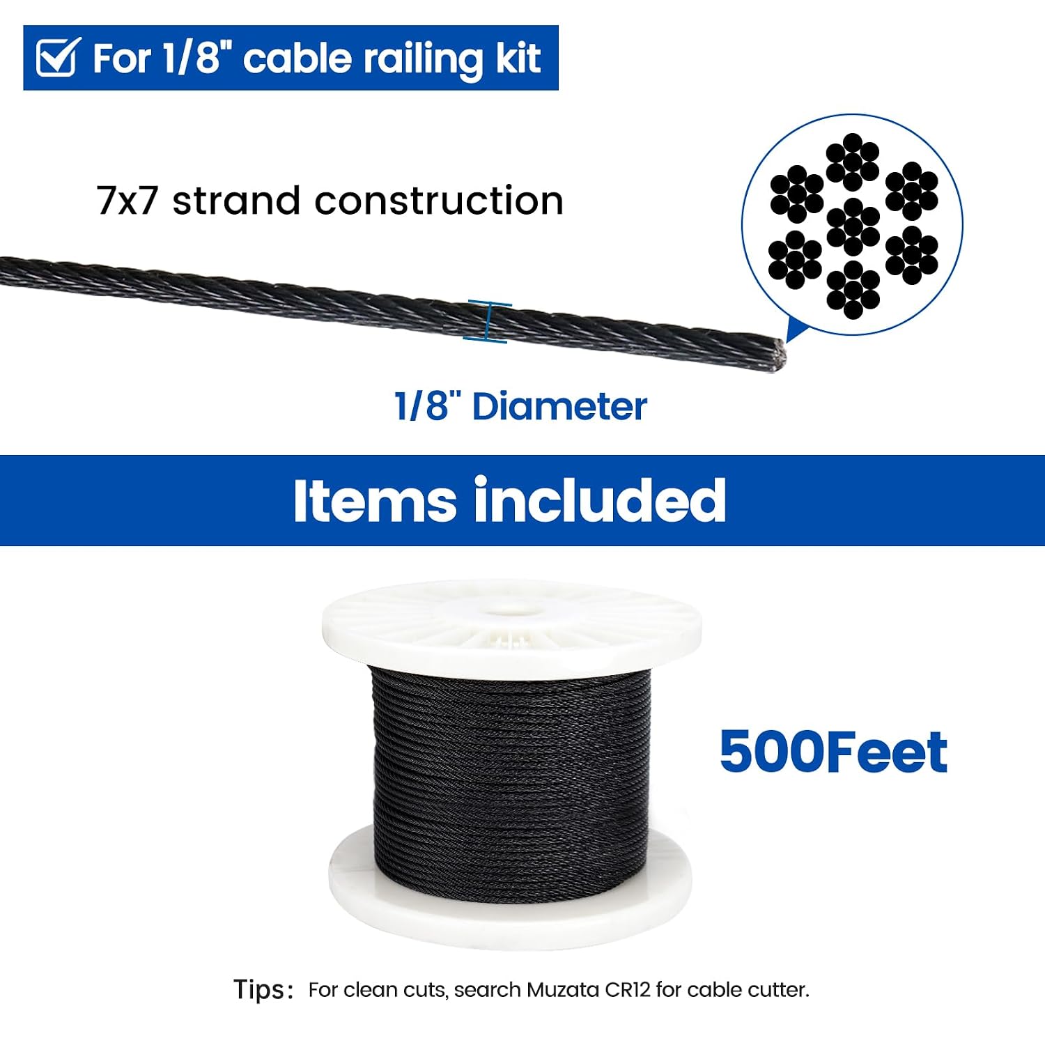 Muzata 500ft 1/8" Black T316 Stainless Steel Cable Railing Wire Rope WR19 | Fits 1/8" Cable Railing System, For Both Deck & Stairs, 7×7 Strands, 1800 lb Breaking Strength, T316 Marine-grade Material