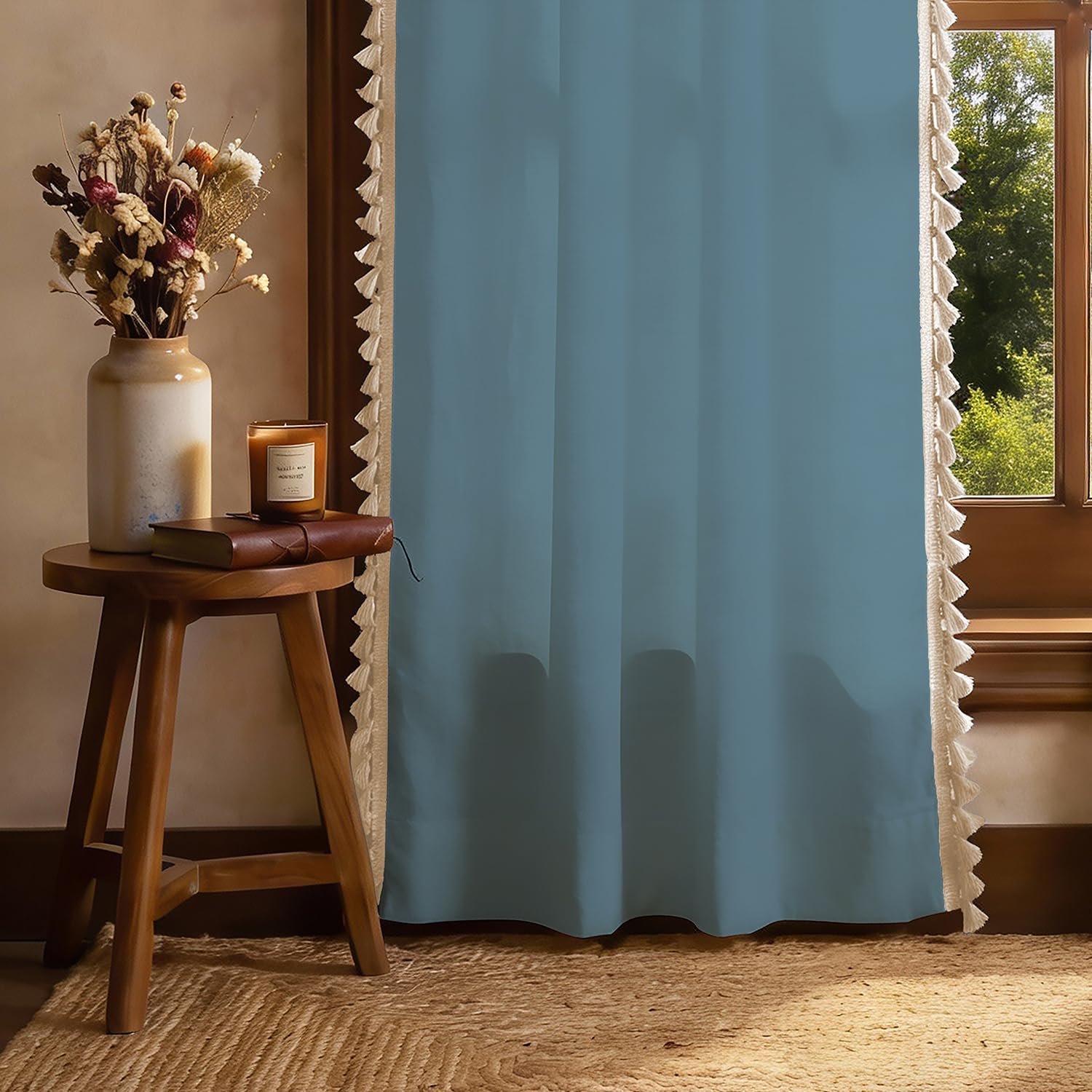 Urban Space Solid Bohemian Curtains for Window, 100% Cotton Curtain 5 Feet Long Pack of 1 Curtain with Tassels, Tieback & Eyelets Included, 60-65% Room Darkening (Aura Dusty Blue, 5 feet)