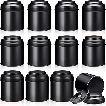Meanplan 12 Pcs Tea Tin Canister with Airtight Double Lids Round Tin Can Box Small Kitchen Tea Canister Loose Leaf Storage Containers for Loose Bags Coffee Sugar Candy SpicesBlack,8 oz