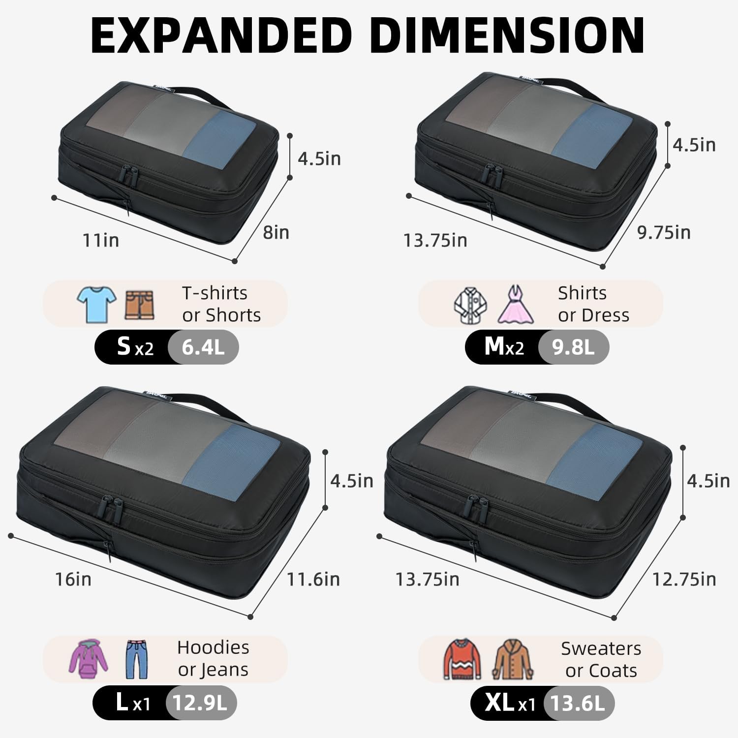 BAGAIL 4 Set/6 Set/8 Set Compression Packing Cubes Travel Accessories Expandable Packing Organizers (Square Mesh, 06-Black) - Image 2