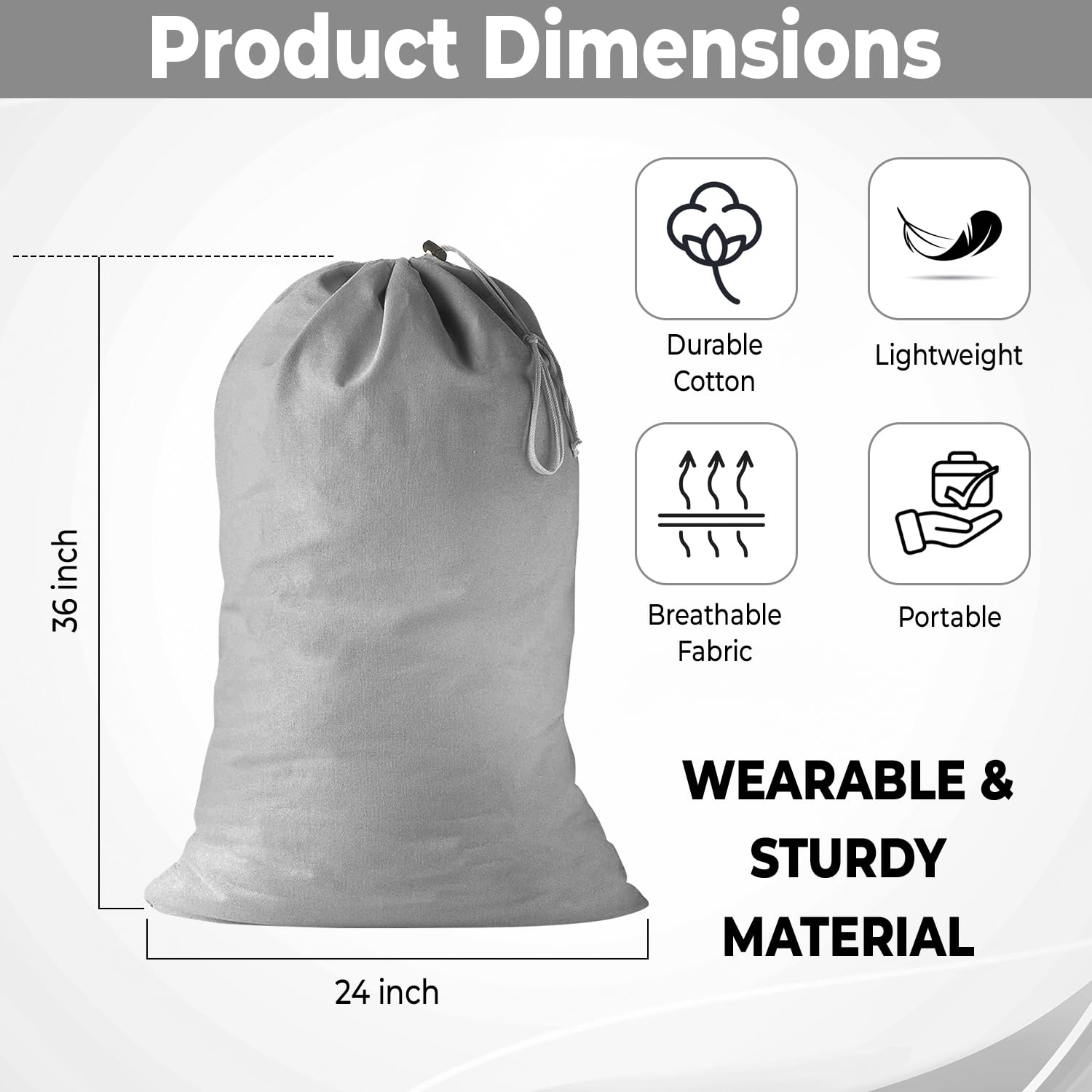 Extra großer Wäschesack aus Baumwolle, strapazierfähig, groß, 61 x 91,4 cm, XL-Kordelzug, Reise-Organizer-Tasche, passend für Korb, Camping, Hellgrau, 2 Stück
