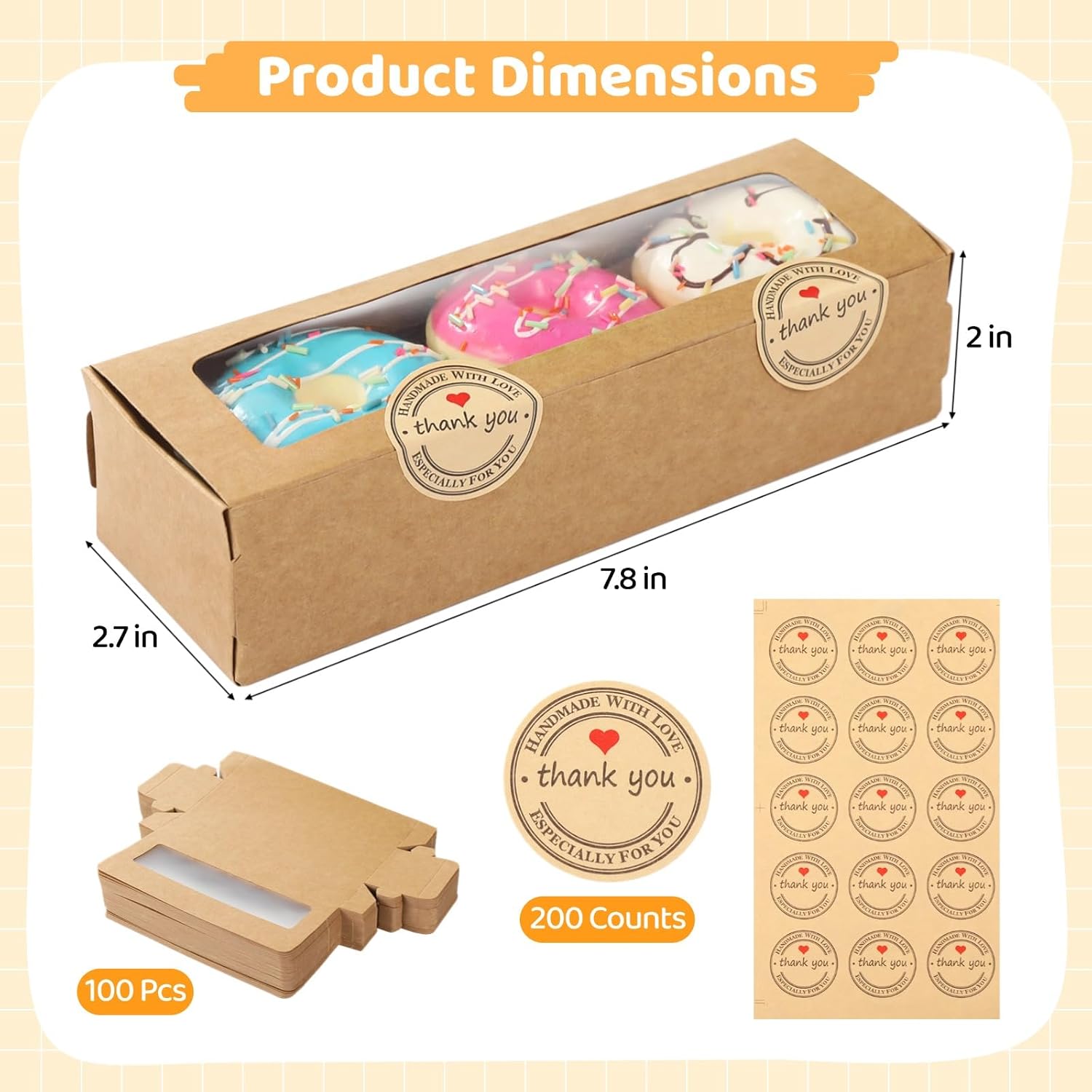 OMISTAR 100 Pcs Macaron Boxes with Windows, Macaron Present Boxes with 200 Sealing Stickers, Brown Flip-Top Kraft Paper Containers, Rectangle Bakery Boxes for Desserts, Cookies, Chocolates