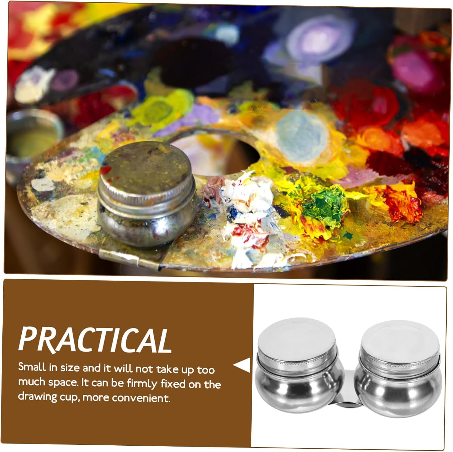 HOODANCOS 2pcs Stainless Steel Palette Cups Lid Oil Painting Mixing Containers for Artists Lightweight Paint Brush Washer Leakproof Design for Watercolors and Oil Paints