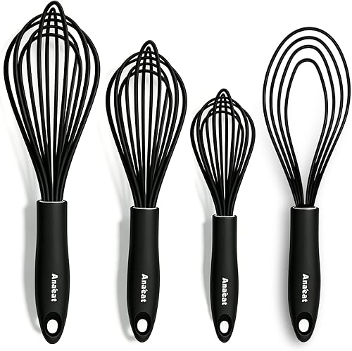 Anaeat Juego de 4 batidores de cocina de silicona, perfectos para utensilios de cocina antiadherentes, batidor de huevos, batidora de leche para