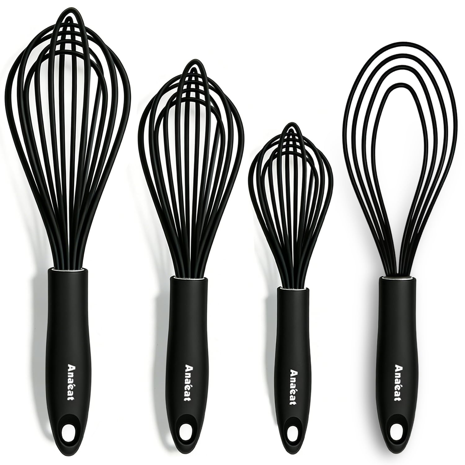 Anaeat Silicone Kitchen Whisk Set of 4, Perfect for Non-Stick Cookware, Egg Beater Milk ​Blender for Whisking, Cooking, Baking, Beating - 11'' Flat Whisk and 9''+11''+12'' Balloon Whisks (Black)