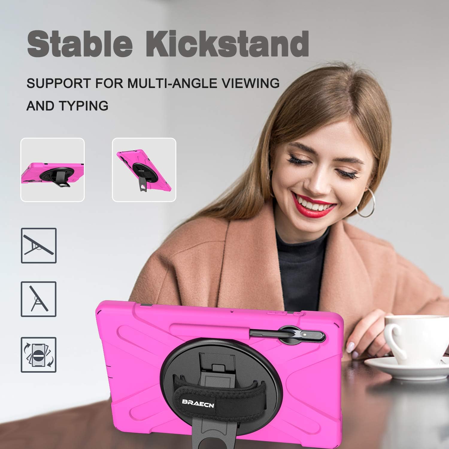 New Arrivals BRAECN Galaxy Tab S7 Plus/S8+12.4 Case, Shockproof Heavy Duty Protective Case with Hand Strap,Kickstand,Shoulder Strap,S Pen holder for Samsung Galaxy Tab S8 Plus/Tab S7 Plus 2020 Model T970/X800-Pink