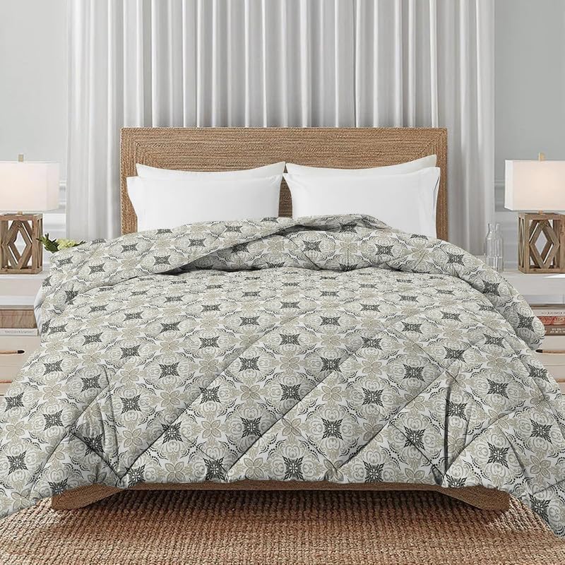 Image of HOMEKART 220 GSM Premium Reversible Microfiber AC Comforter for Single Bed | Soft, Lightweight & Breathable All-Season 3-Layer Quilted Blanket (150 cm x 225 cm, Floral, Grey & White)
