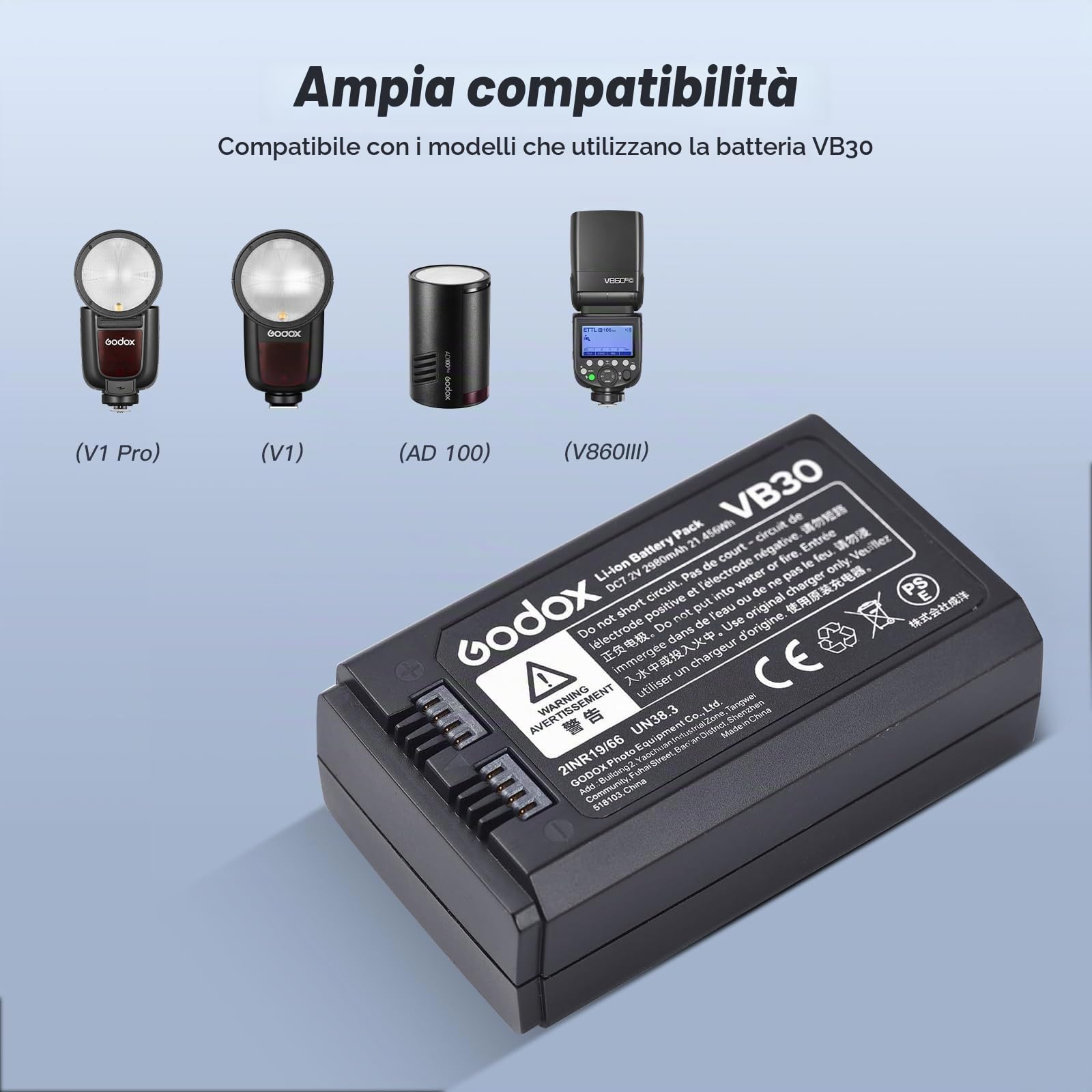 Godox VB30 Batteria Battery 7.2V/2980mAh per flash rotondo Godox V1PRO C,V1PRO N,V1PRO S,V1PRO F,V1PRO O,e flash V1,V860III,V850III ((2024) VB30)