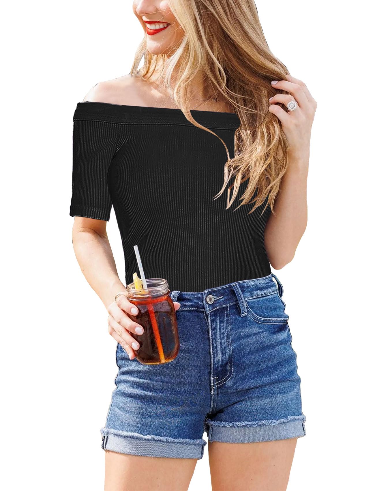 Topstype Off Shoulder Tops for Women Short Sleeve Summer Slim Fit Ribbed T Shirts Fitted Going Out XX-Large Black
