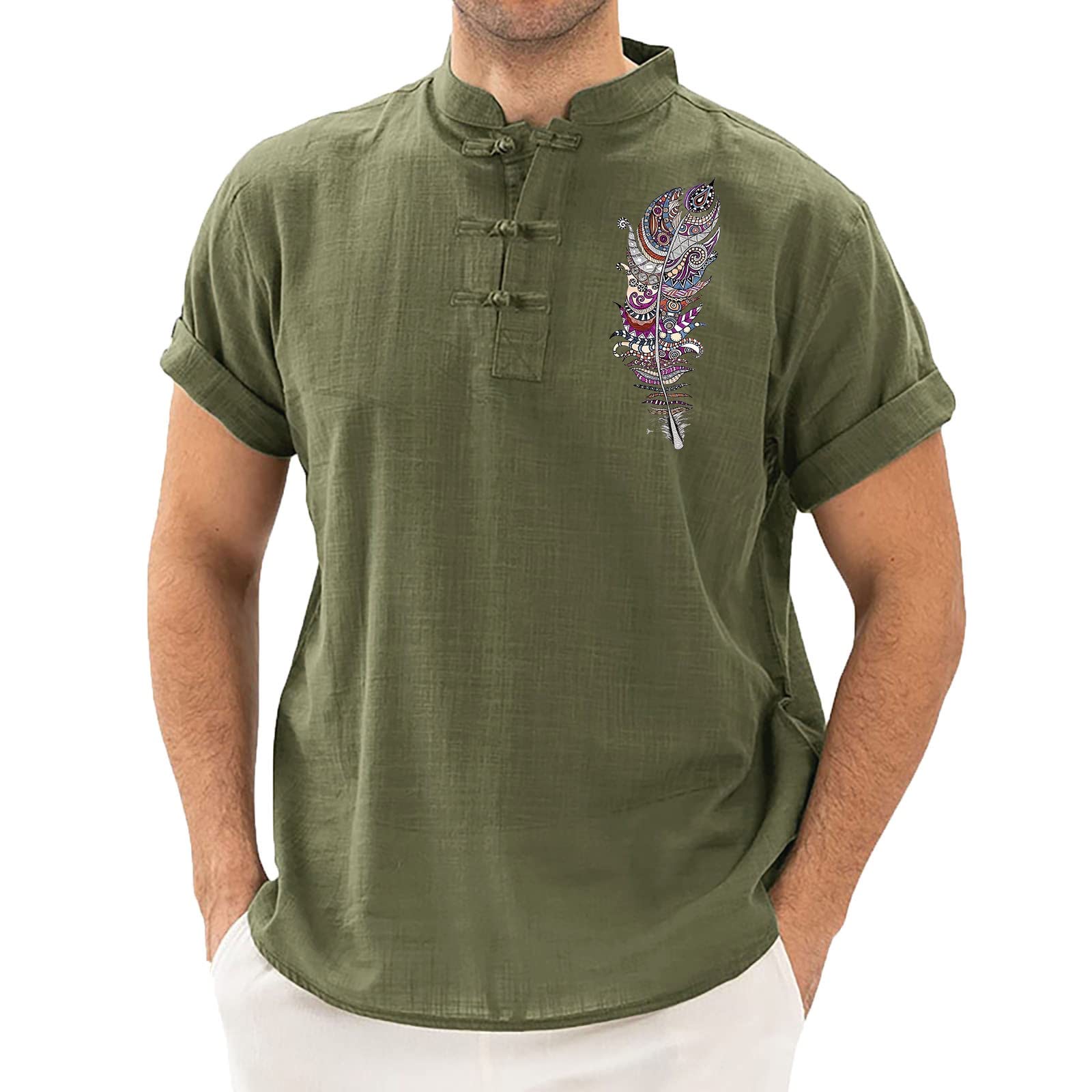 LianMengMVP Camisa Superior de Color sólido de Primavera y Verano para Hombre, Camisa Informal de algodón y Lino con Cuello levantado, Camisa de Manga Corta de Talla Grande Ropa Hombre Marca