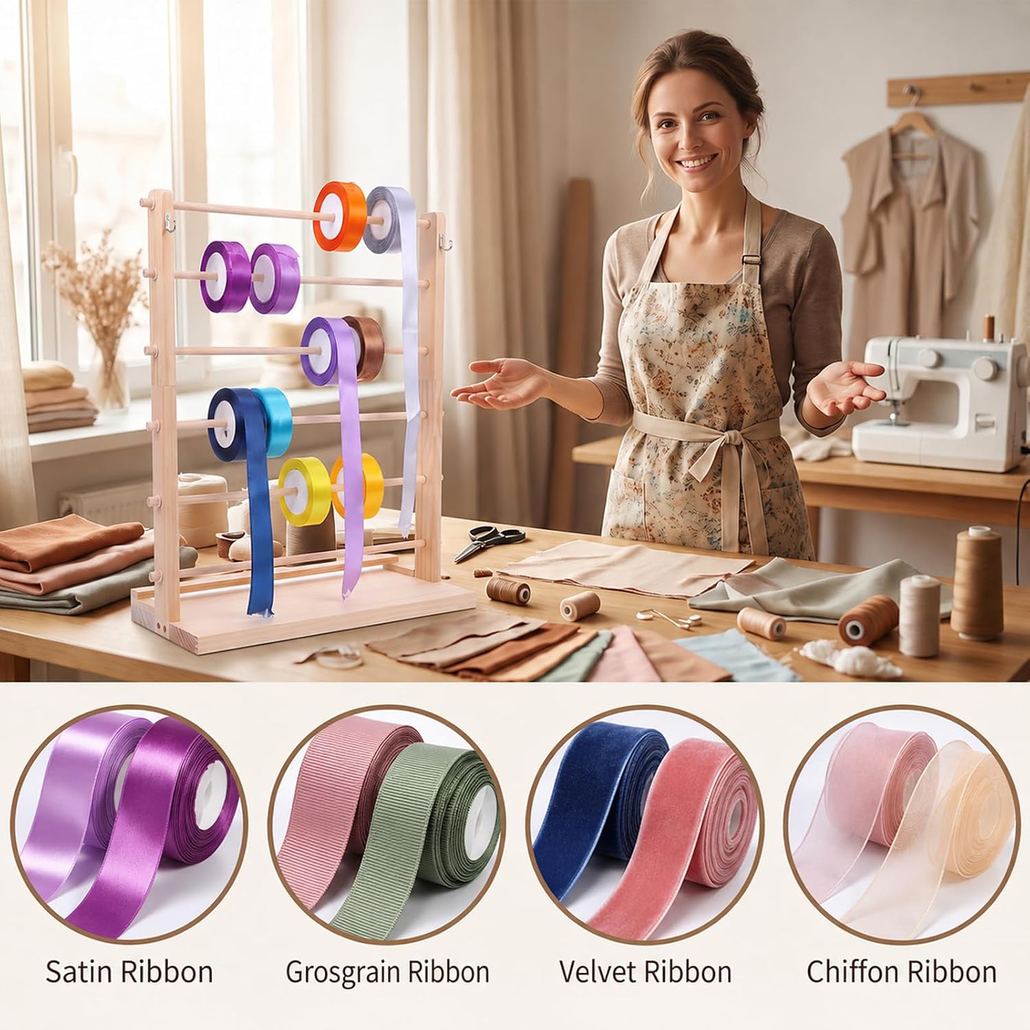 6 Tier Wooden Ribbon Organizer for Craft Room, Washi Tape Organizer with Spools, Storage Rack for Florist & Wreath Making Supplies