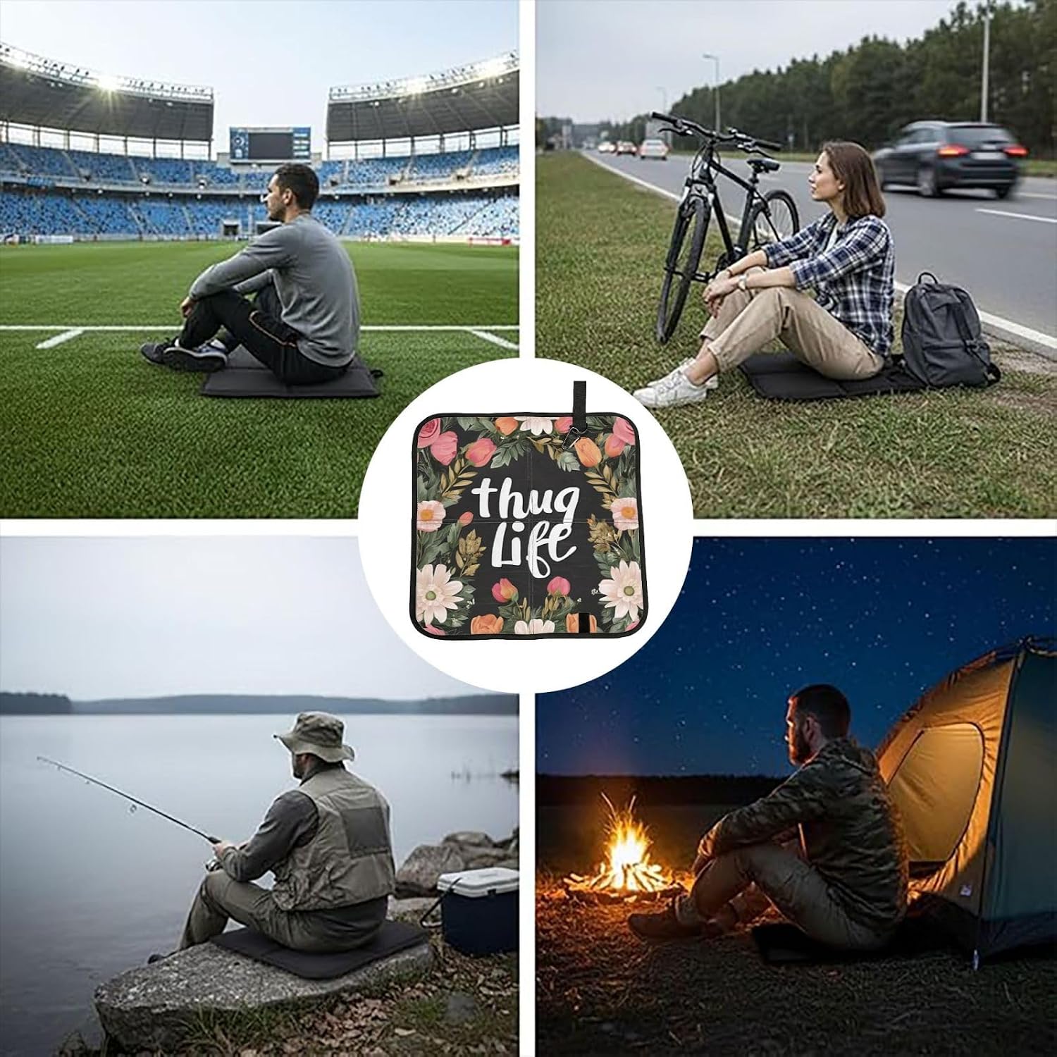 (Thug Life Flowers) Sitting Pad Foldable Seat Cushion Lightweight Camping Seat Mat with Hook for Outdoor Hiking Picnic Camping