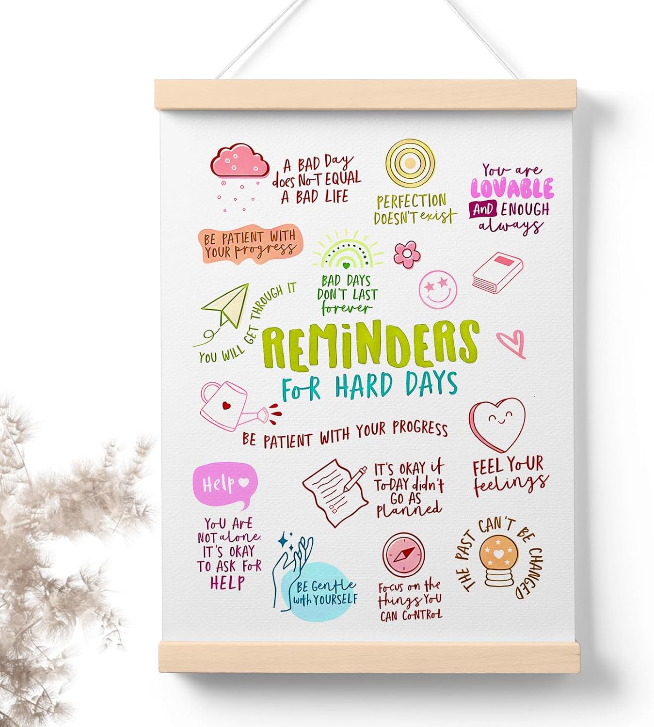 PaJiaNi Positive Affirmations Hanging Poster,Inspirational Wall Decor,Mental Health Wall Art For Classroom Calm Down Corner School Counselor Therapy Office Kid Room,Reminders For Hard Days,12x16Inch