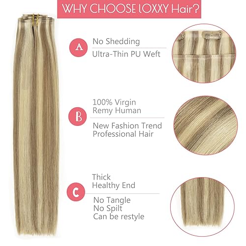 Miniatura 4 de Loxxy Extensiones de cabello humano sin costuras con clip, de 22 pulgadas, color marrón ceniza claro mezclado con rubio platino, extensiones de