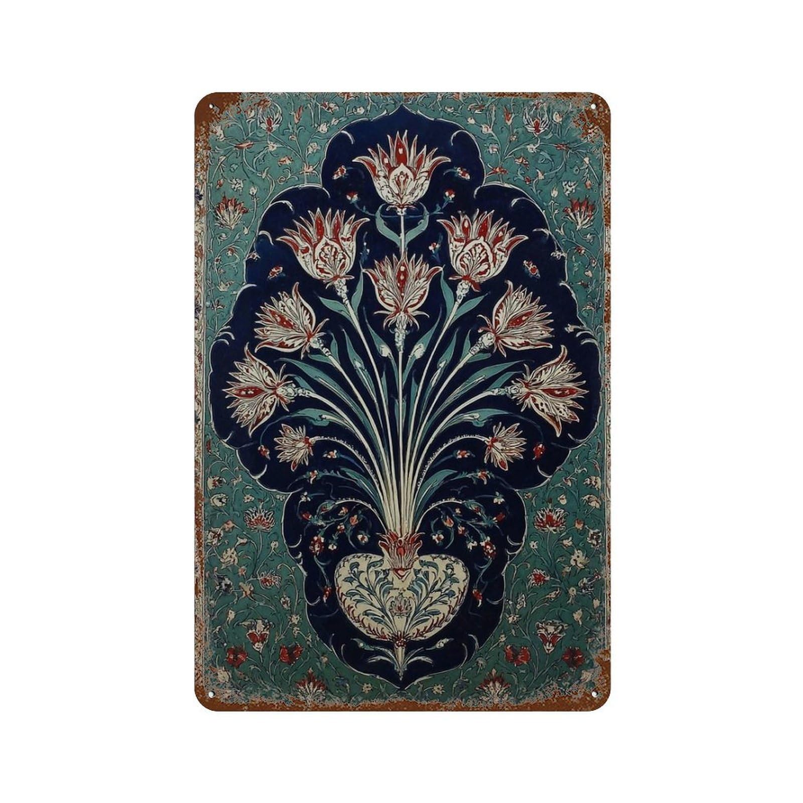xiaoxiaoshen Persian Floral Intricate Middle Eastern Pattern Teal & Navy Decorative Wall Decor Art Metal Tin Poster Modern Home Decor Art Home Bar Shop Decorations Vintage Sign 30x20cm