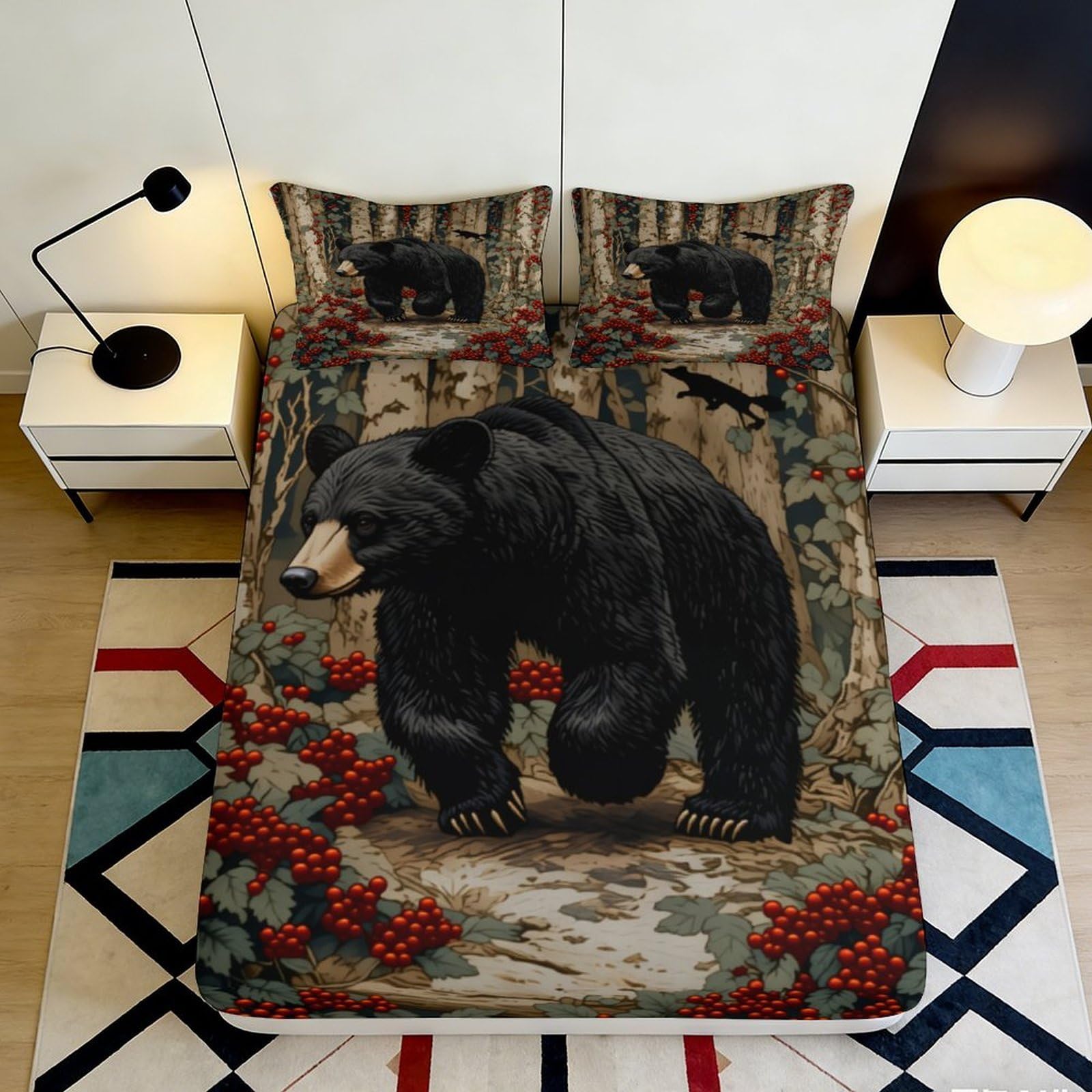 3D Printed Forest Bear Fitted Sheet Microfiber Deep Pocket Elastic Hem Bedroom Bedding Bear Mattress Fitted Cover Washable 140x200x25cm