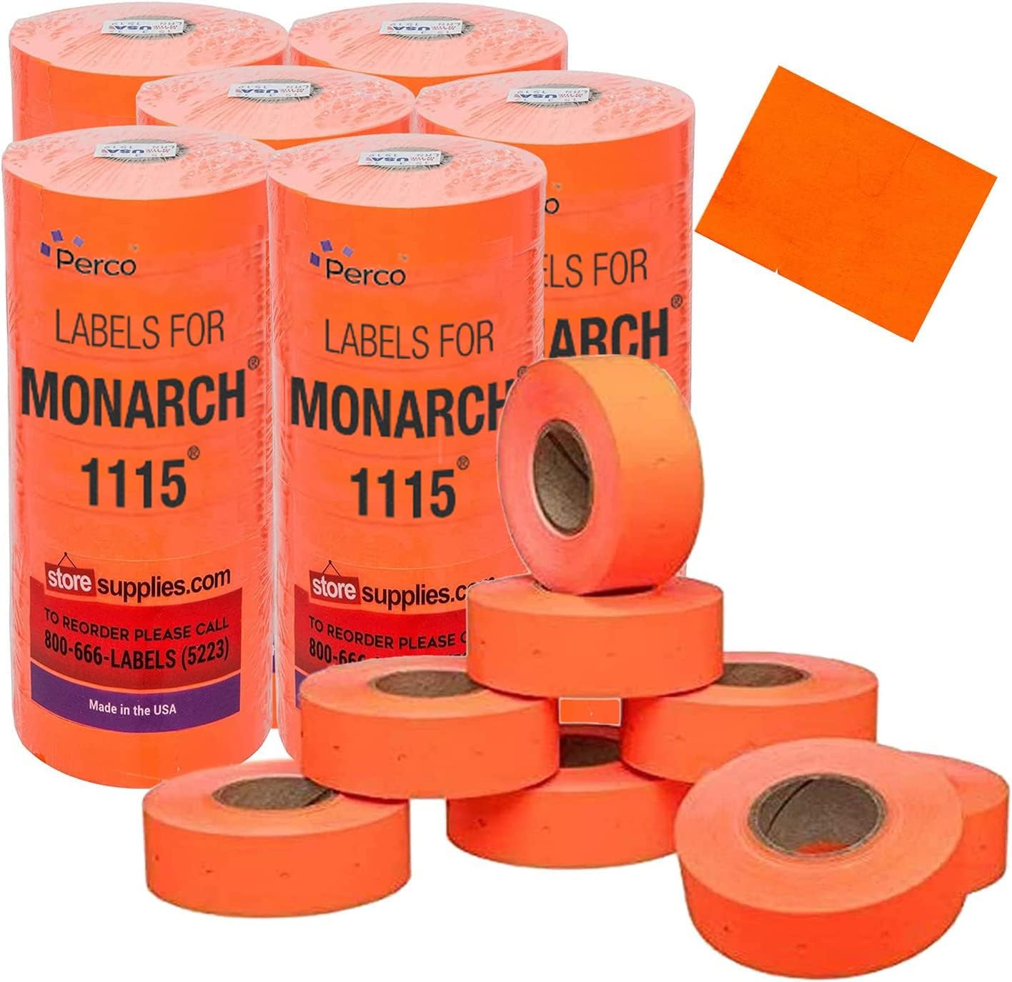 Perco Fluorescent Red Pricing Labels for Monarch 1115 Price Gun - 10 Sleeves, 150,000 Pricemarking Labels - with Bonus Ink Roll