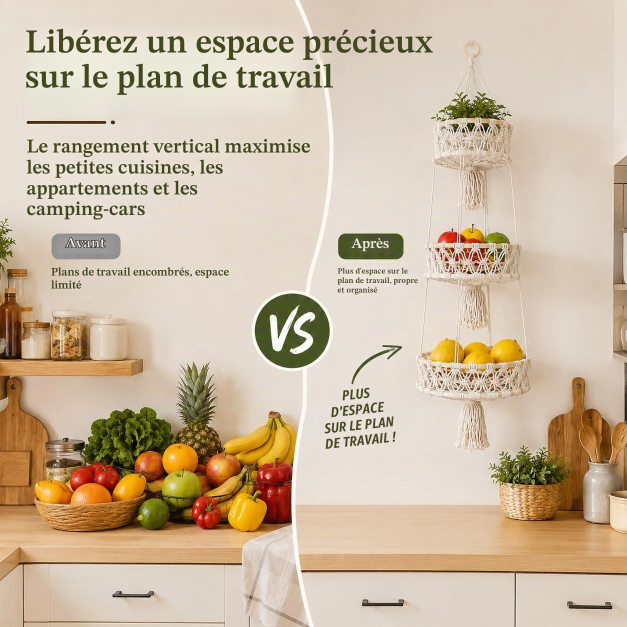 2 Pièces Panier à Fruits Suspendu 3 Niveaux, Ø 20/25/30 cm, Beige | Corbeille à Fruits Suspendue en Corde de Coton, pour Cuisine, Salon, Salle de Bain, Chambre à Coucher, 110 cm