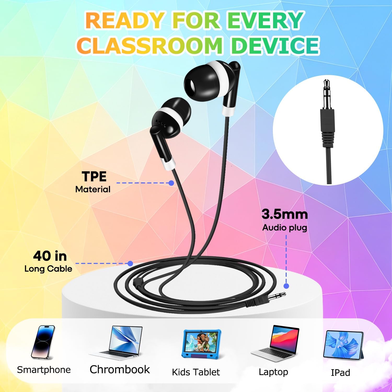 Classroom Earbuds Bulk 30 Pack for Kids Kids Headphones for Classroom Children Boys Girls Toddler Adult(8 Mixed Colors)