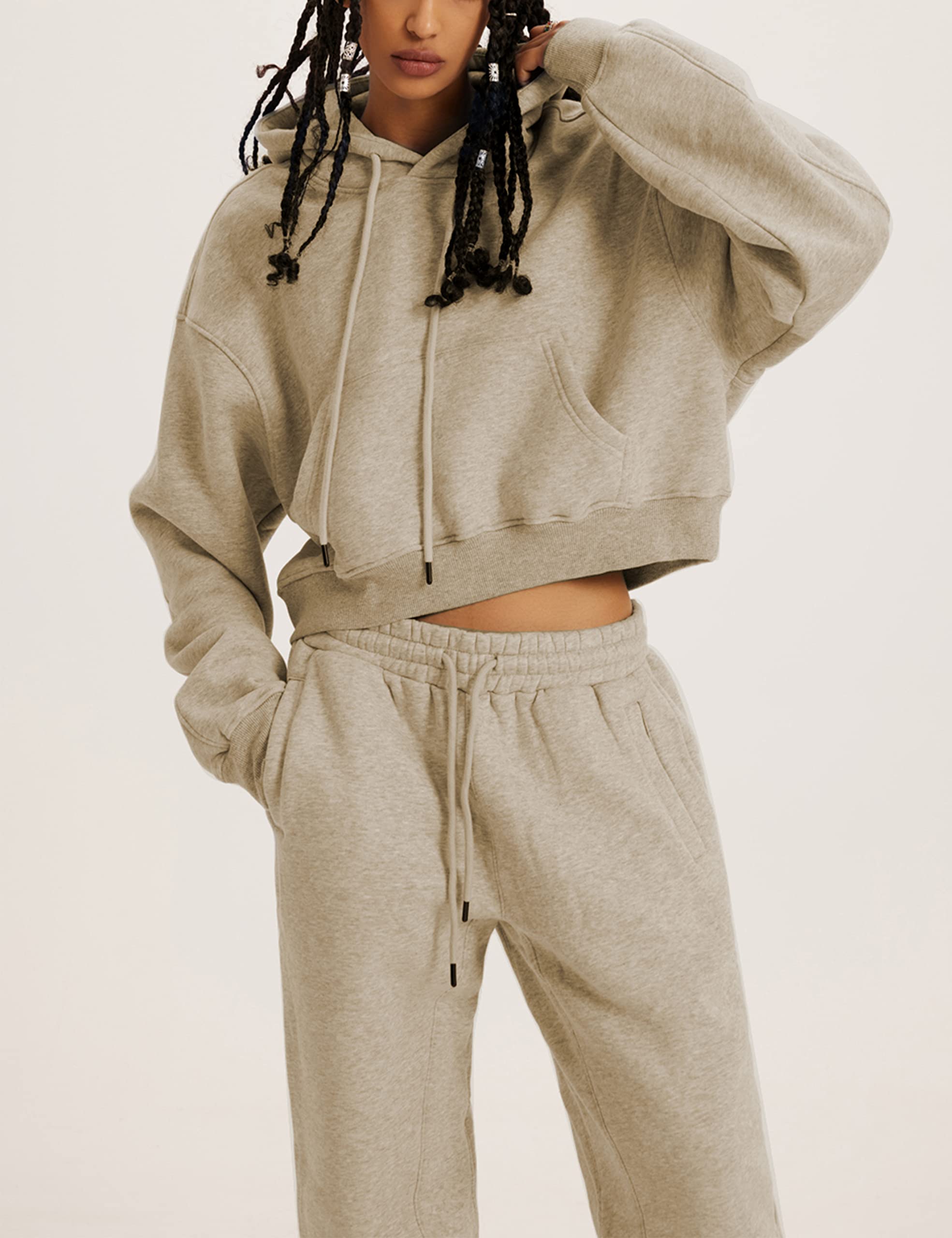 Tuta da donna 2 pezzi, stile casual, con cappuccio, in pile, con tasche