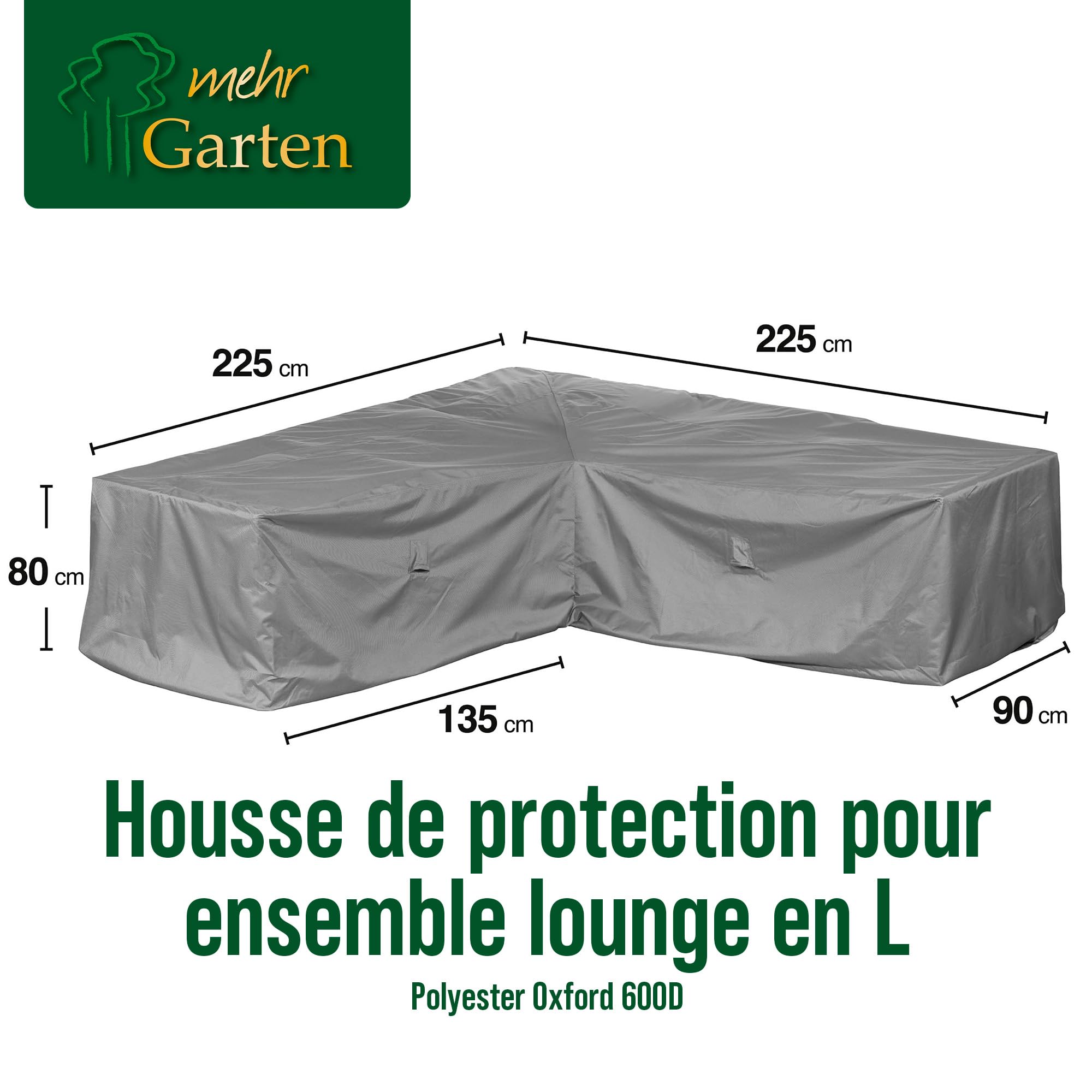 Housse de Protection pour canapé d'angle de Jardin | 225 x 225 x 80 cm | Polyester tissé Oxford 600D, Couleur : Gris
