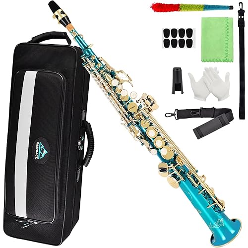 EASTROCK Bb Soprano Saxophone Straight Sax Instruments for Beginners Intermediate Players with Carrying Case,Mouthpiece,Pads,Reed,Cleaning kit,neck Strap,White Gloves(Lake Blue)