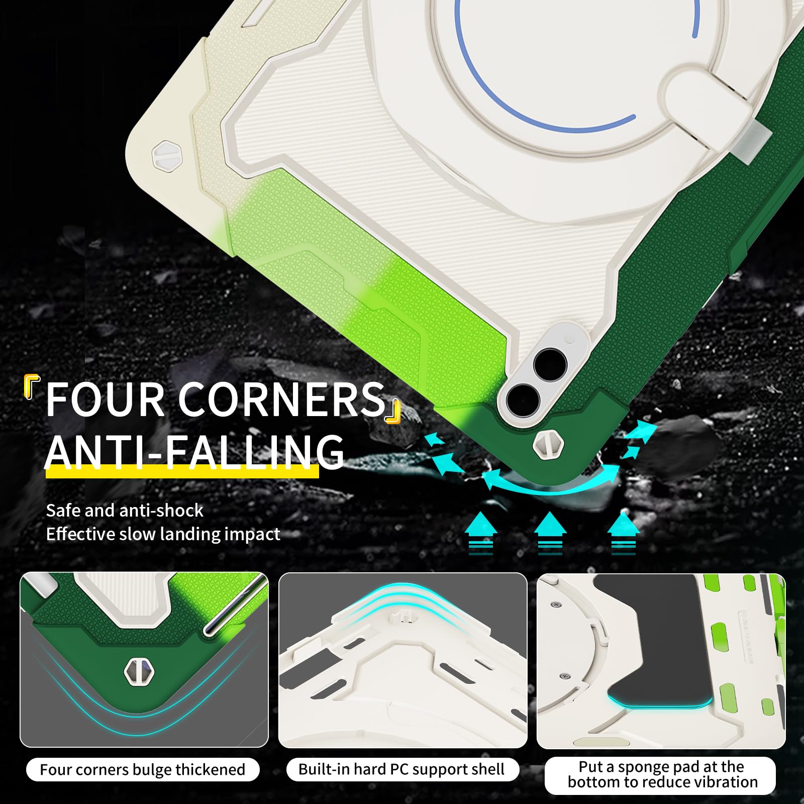 Etui na tablet Samsung Galaxy Tab S11 Ultra 2025 37.1 cm z obrotową podstawką o 360°, odporne na wstrząsy, z paskiem na ramię, uchwytem na ołówki i pierścieniem na uchwyt, zielono-białe