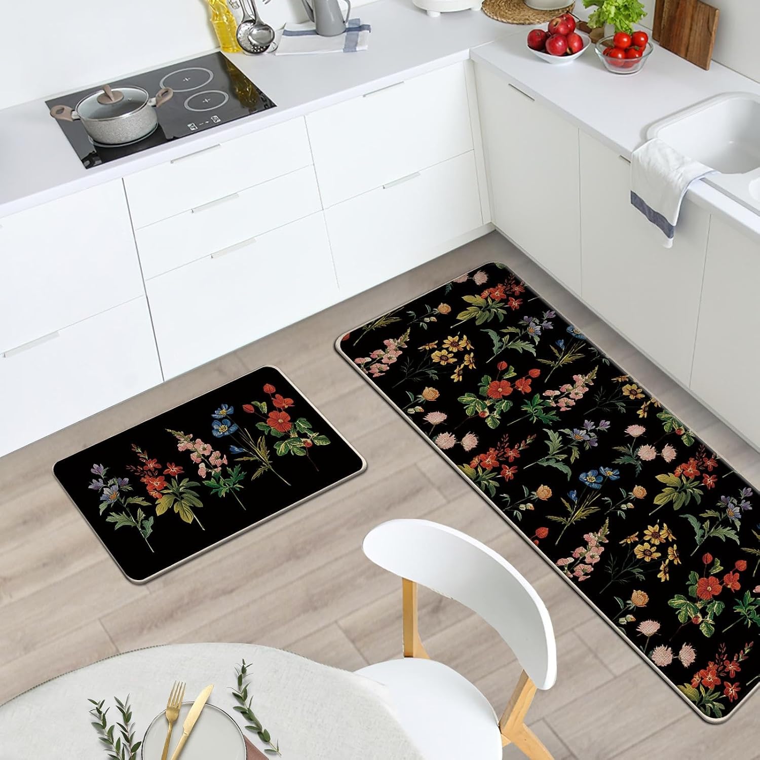 Black Flower Kitchen Rugs Set of 2, Spring Summer Floral Plants Leaves Botanical Floor Mats Home Decor, Farmhouse Wildflower Door Mat Decorations - 17x29 and 17x47 Inches