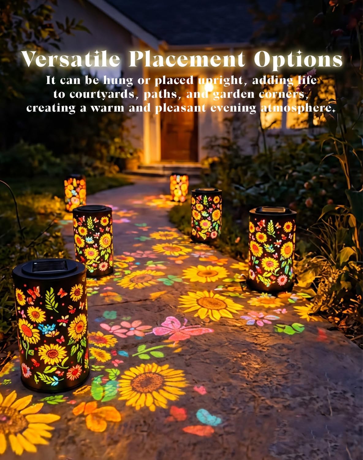 Colorful Sunflower Glow Solar Garden Lantern, Outdoor Solar Hanging Lantern with Colorful Projection, IP65 Waterproof Sunflower Metal Solar Light for Patio Yard Pathway Balcony Lawn (Dragonfly,Small)