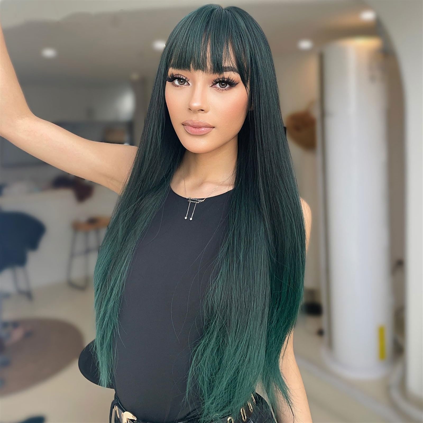 peruki Syntetyczne ciemnozielone peruki Ombre dla kobiet długie proste zielone peruki na co dzień z grzywką włókno termoodporne sztuczne włosy Peruka na imprezę cosplay (Color : 1085-2)