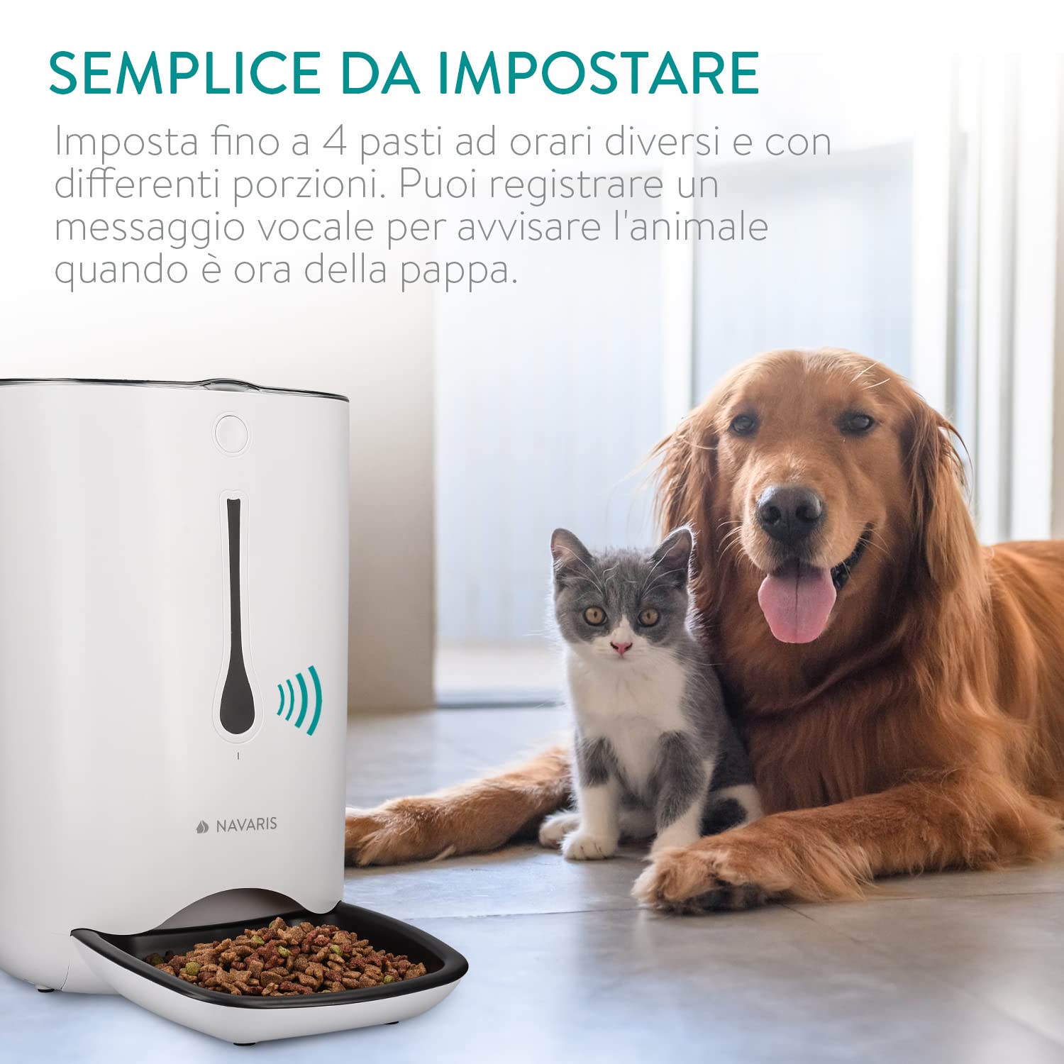 Navaris Distributore Cibo Gatti Cani Automatico - Dispenser 6L 2-3 kg Programmabile con Timer Avviso Acustico Fino a 4 Pasti al Giorno - 2 dosatori