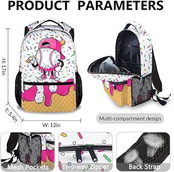 Kids Backpack Set with Lunch Bag Pencil Case for School, Ice Cream Baseball Drip Bookbag School Supplies Combo, Pink, One Size, Daypack Backpacks