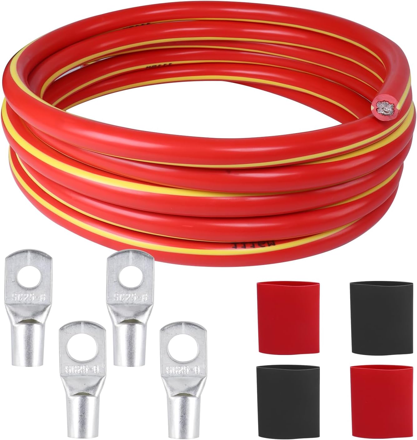 6 AWG Battery Cable 12 Feet Each Black/Red - 6 Gauge Welding Wire with SC Lugs & Heat Shrinks for Automotive, RV, Boats, Solar, Marine Low Voltage Wiring