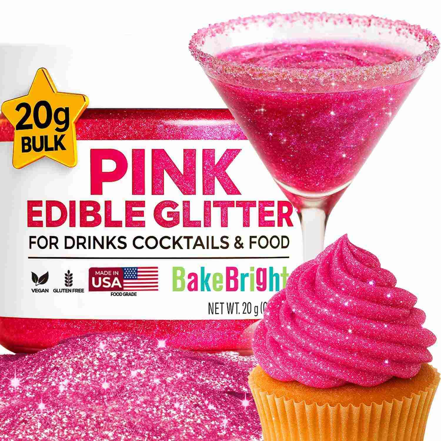 Bulk (20g) Pink Edible Glitter for Drinks | Premium Pink Edible Glitter for Cakes Drink - Shimmer Glitters Cake Decorations for Strawberries Cocktail Shimmering