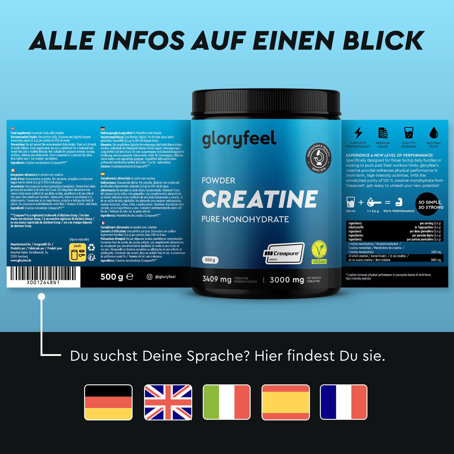 Creatin Monohydrat 500g (Creapure®) - 99,99% reines Mikronisiertes Pulver - 146 Portionen Kreatin Monohydrat - Premium Rohstoff aus Deutschland - Laborgeprüft in Deutschland hergestellt